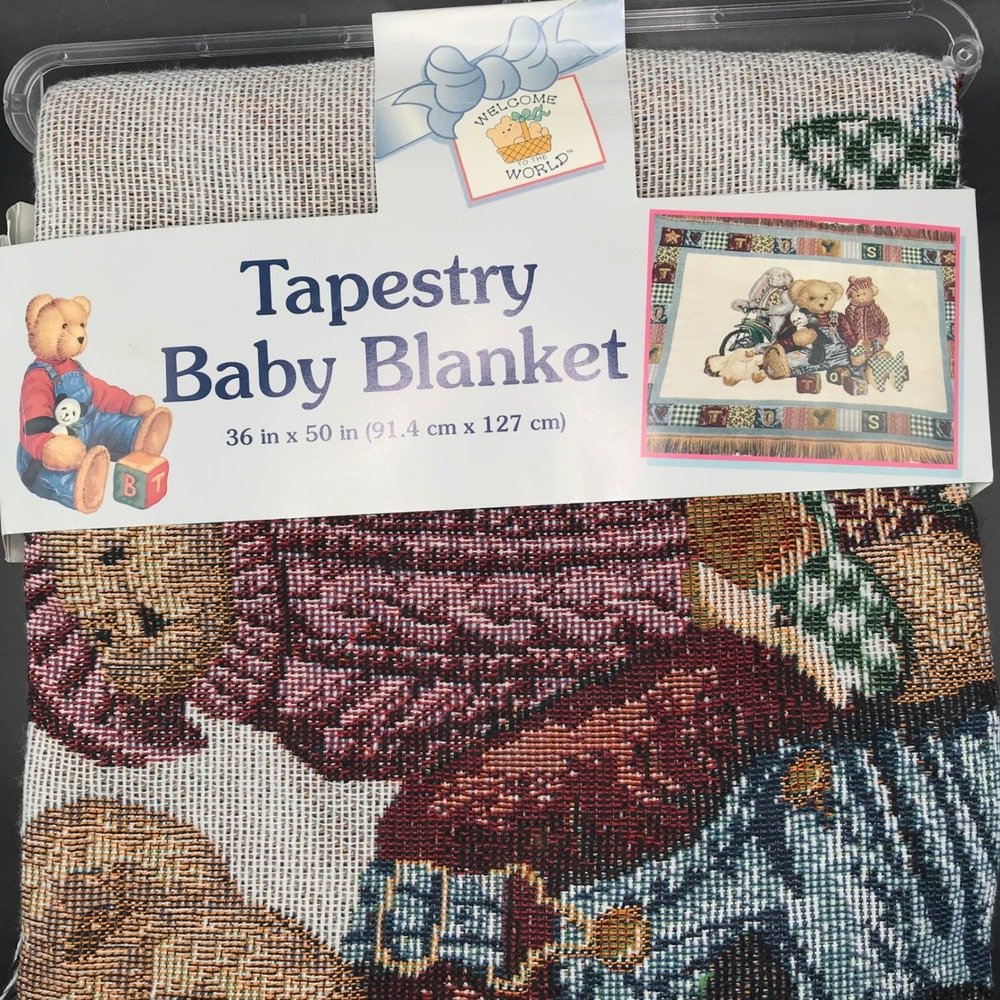 Vintage 90s Blue Jean Teddy Tapestry Baby Blanket Woven 36x50 Cottagecore NOS